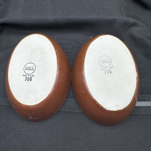 Set Of 2 Hall Small Oval Individual Bakers Brown White Oven Safe Vintage USA - Picture 4 of 12